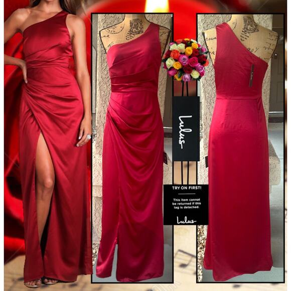 Lulus Wine Red Satin One-Shoulder Dreaming of Elegance Maxi Dress Size S - Picture 1 of 10
